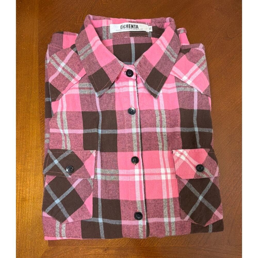 OCHENTA Women’s XL Flannel Shirt Shacket Plaid Rodeo Cowgirl Western Pink Brown